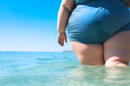body positive. a rear view of a plump girl in a closed turquoise swimsuit who enters the ocean water to swim on a hot sunny day on vacationの素材