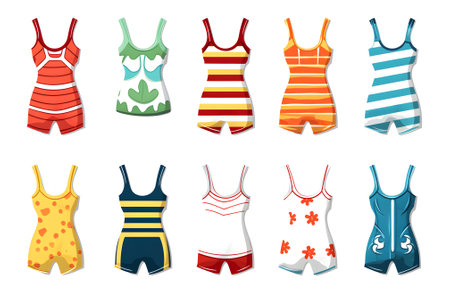 a set of vintage swimwear for girls and women. Different swimsuits for swimming in the pool and on the beach isolated on a white background. A girl's wardrobe for a beach holidayの素材