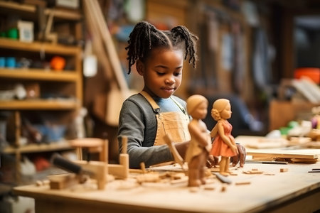 An African-American girl makes a wooden doll sitting at a table in a workshop. creating a doll made of wood in a creative workshop. development of children's creativityの素材