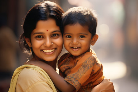 happy Indian mother with baby in her arms looks at the camera with a smile. Portrait of mother and child. Beautiful young ethnic womanの素材