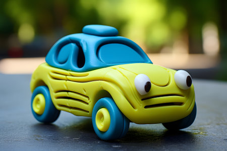 plasticine cartoon car in the city. a funny little car is parked on the street.の素材