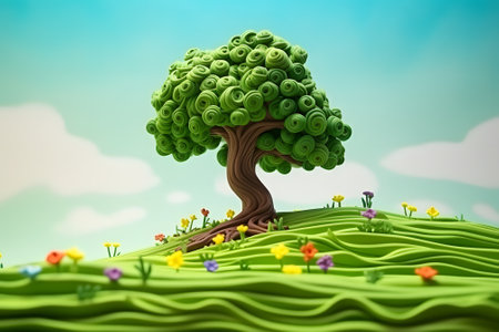 plasticine cartoon landscape with trees, flowers. Beautiful nature, fabulous placeの素材