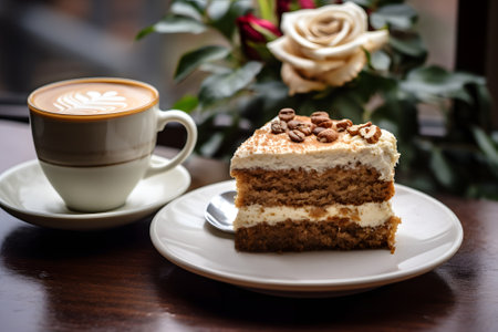 a cup of delicious coffee And a PIECE of cake on the table in a cozy city cafe. dessert. Close-upの素材