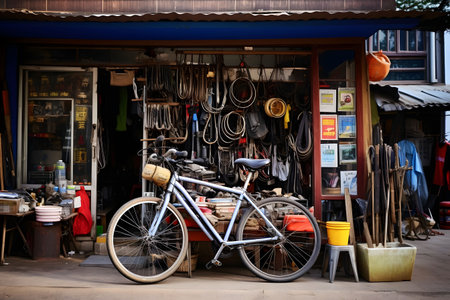 bicycle workshop. tools on wall in workshop, Tool shelf hanging. vintage garageの素材