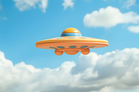 cartoon yellow flying saucer in a blue sky among clouds.の素材