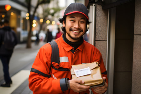 the postman on the city street. Postwoman courier with package. friendly smiling postman with a parcel. High quality photoの素材
