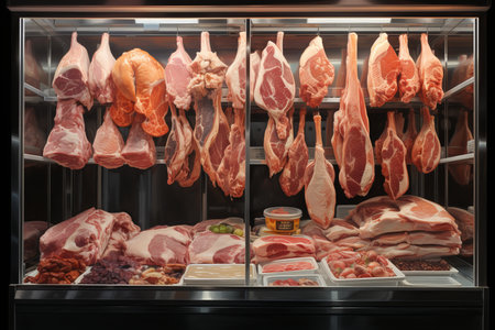 Delicious Fresh Meat, Flavorsome Poultry, Tender Beef and Juicy Pork on Display in Shop Windowの素材