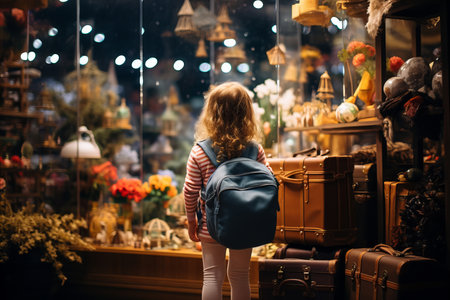 a little girl with a backpack in front of a gift shop window