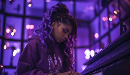 a young, pretty African-American woman of generation Z, sitting at the piano with neon lightingの素材
