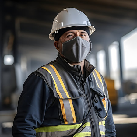 Diligent worker in protective yellow hard hat and overalls contributing to construction activities on the work site. Concept of construction industry and occupational safety measures.の素材