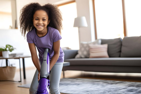 Beautiful African-American woman doing household chores by vacuuming the apartment floor. Keeping the living space clean and tidy. Concept of housekeeping and domestic work.の素材