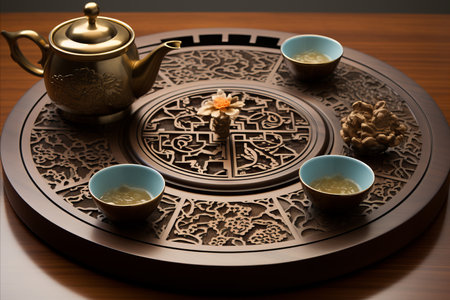 Captivating Chinese Tea Set on Wooden Tray. Exquisite Beauty in Serene Traditional Tea Ceremonyの素材