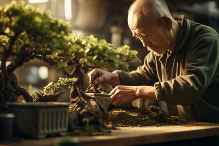 Skilled Masters Hands with Expert Precision Trimming Delicate Bonsai Tree Artfullyの素材