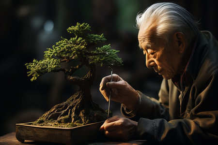 Skilled master carefully and precisely trim the exquisite bonsai tree with great attentionの素材