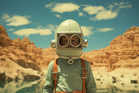 School-aged boy in vintage space suit and helmet standing in canyon under clear blue skyの素材