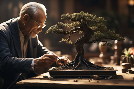 Close-up of Masters Hands Delicately Trimming Bonsai Tree with Precision and Careの素材