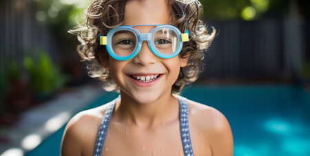 Playful young boy wearing swim goggles, savoring the waters edge with enthusiasmの素材