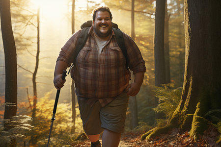 Cheerful overweight man with backpack and hiking sticks enjoying a nature hike in the parkの素材