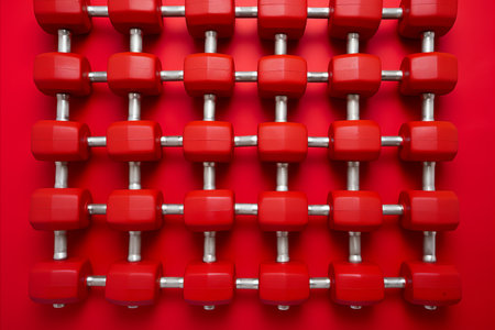 Athletic Weights Pattern on Red Background for Fitness Enthusiasts. Workout Concept Photoの素材