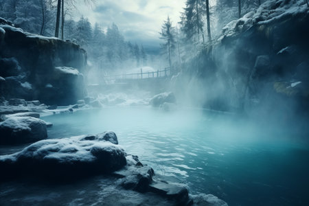 Enchanting Winter Wonderland. Serene Hot Springs with Healing Properties and Gentle Steamの素材