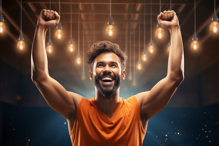 Cheerful young man wins sports competition, exuding happiness and positivity at the victoryの素材