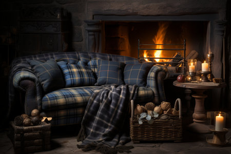 Cozy Home Essentials. Textured Plaid Sofa, Cushions, and Wool Rug for Comfortable Living Room Decorの素材