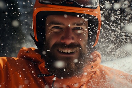 Close-Up Portrait of a Professional Skier in Protective Helmet, Ready to Hit the Slopesの素材