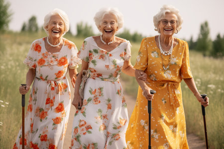 Happy Senior Women Strolling with Hiking Sticks in Nature Park on Sunny Summer Dayの素材