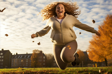 Happy overweight woman doing fitness exercises in the sunny autumn park on a beautiful morningの素材