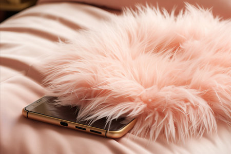 A modern fashionable smartphone is lying on the bed covered with a luxurious fur pillowの素材