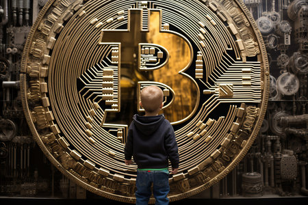A little man stands in front of a huge bitcoin coin and looks up at itの素材
