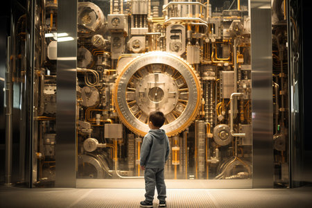 Curious Boy at Impenetrable Safe. Symbolizing Wealth and the Enigmatic Realm of Moneyの素材