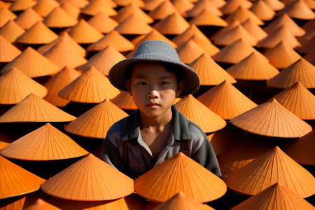 Young Vietnamese Boy Wearing Traditional Asian Hats in the Vibrant Cultural Settingの素材