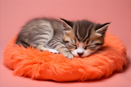 A cute kitten is lying on a pillow made of fur on a peach backgroundの素材