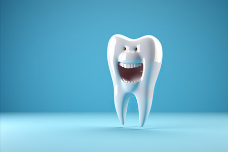 Bright Smiling Snow-White Tooth on Blue Background. Healthy Dental Care and Dentistry Conceptの素材