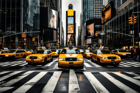 Vibrant Intersection in New York City with a Bustling Flow of Taxis and Pedestrian Crossingsの素材