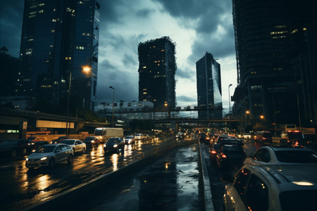 Hectic city intersection gridlocked with heavy traffic during the bustling rush hour commuteの素材