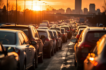 Highly congested city junction with a long queue of vehicles creating a massive traffic jamの素材