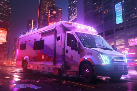 Emergency Ambulance with Flashing Light on Busy Urban City Street during Nighttime Responseの素材