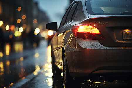 a modern car on the city road. rear view of the car, red taillightsの素材