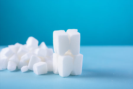 Sugar-Free Diet. White Sugar Lumps on Blue Background, Symbolizing Healthy Lifestyleの素材