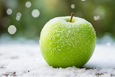 Fresh Green Apple with Delicate Frost Covering, Resting on Glistening Wintry Snowの素材