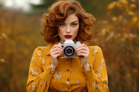 portrait of a beautiful stylishly dressed red-haired girl with a camera in her handsの素材