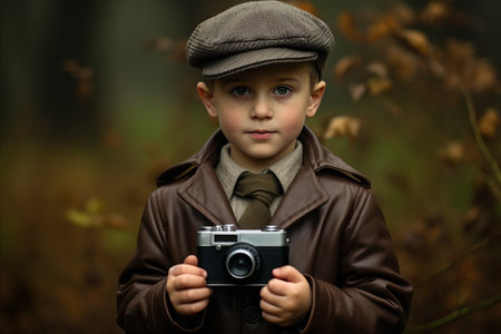 A boy with a camera in a vintage cap and raincoat like newspaper reportersの素材
