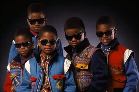 Stylish African-American Teens in 90s Denim Jackets and Sunglasses, Embracing 90s Fashion Trendsの素材