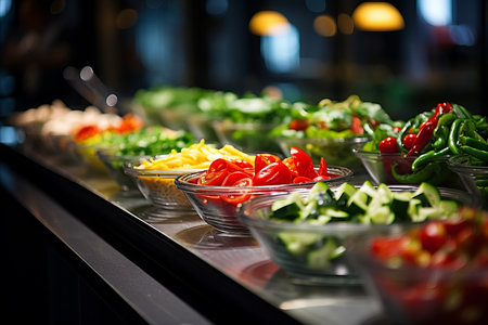 a table with bowls of healthy salads with fresh vegetables, proper and healthy nutritionの素材