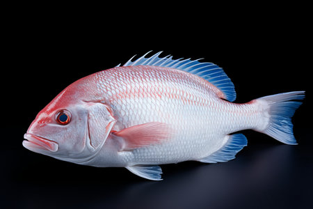 Fresh Whole Sea Fish on Black Background for Culinary and Seafood Design Projectsの素材