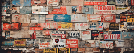 A nostalgic background featuring scraps of old, faded, and battered ads, clippings from tattered posters, and torn advertising posters pasted on a billboard, creating a vintage and rustic texture.の素材