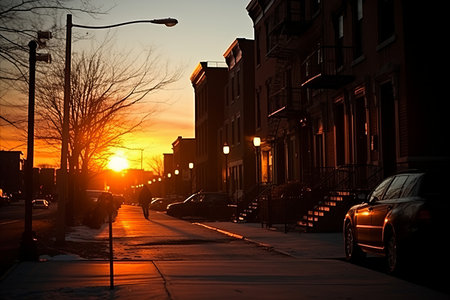 street with an evening sunset, few cars and passers-byの素材