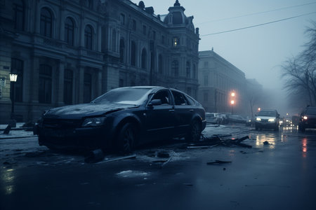 Car Crash Aftermath, Wrecked Car Involved in an Accident Collision, Vehicle Insurance Claimの素材